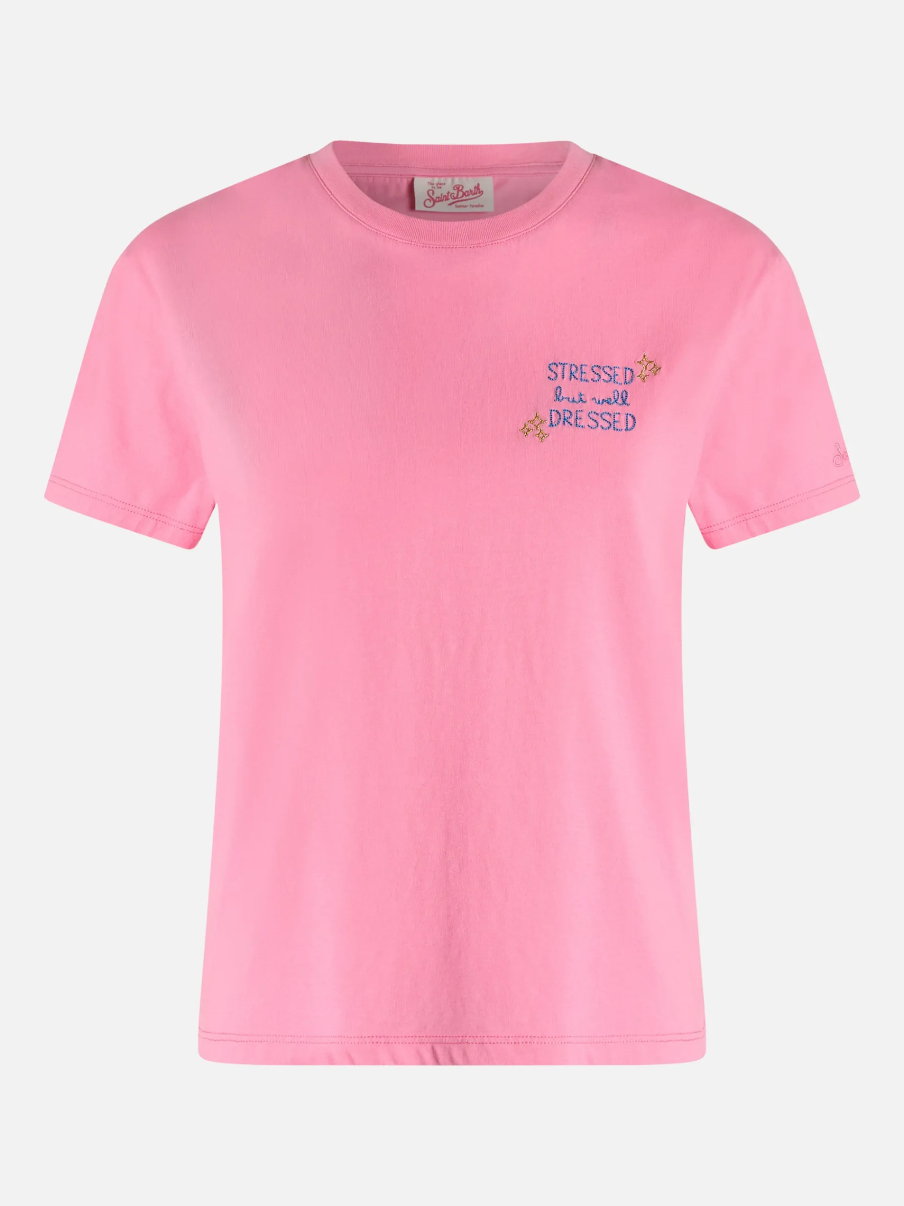 T-shirt da donna girocollo Emilie in jersey di cotone con ricamo Stressed but Well Dressed