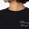 T-shirt da donna in cotone nera pesante Emilie con ricamo Bollicine please