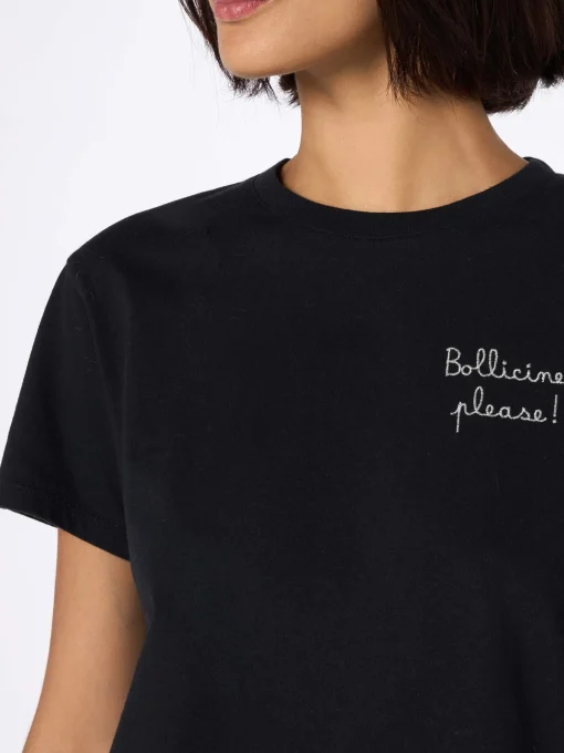 T-shirt da donna in cotone nera pesante Emilie con ricamo Bollicine please