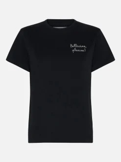 T-shirt da donna in cotone nera pesante Emilie con ricamo Bollicine please