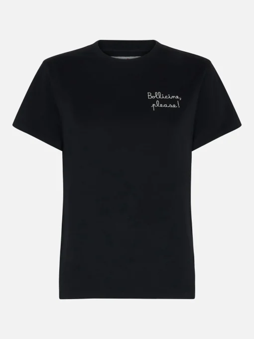 T-shirt da donna in cotone nera pesante Emilie con ricamo Bollicine please