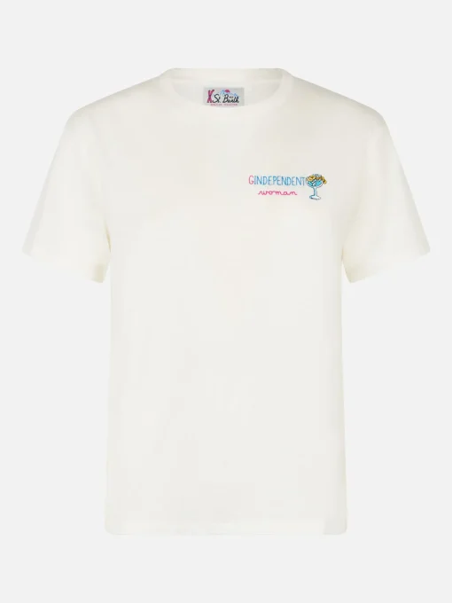 T-shirt da donna in cotone bianca pesante Emilie con ricamo Gindependent woman