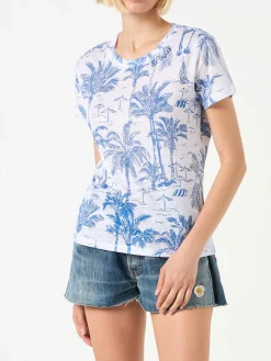 T-shirt da donna in lino con stampa toile de jouy