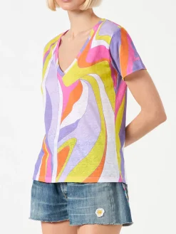 T-shirt da donna in lino con stampa onde