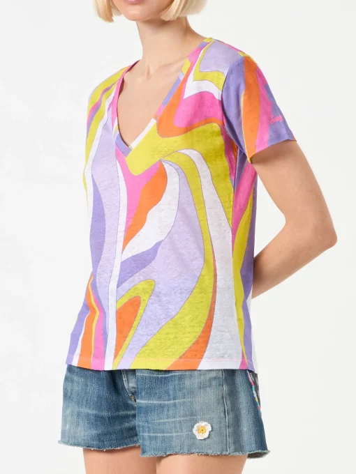T-shirt da donna in lino con stampa onde