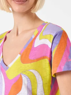 T-shirt da donna in lino con stampa onde