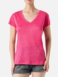 T-shirt da donna in lino fucsia
