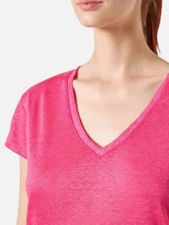 T-shirt da donna in lino fucsia