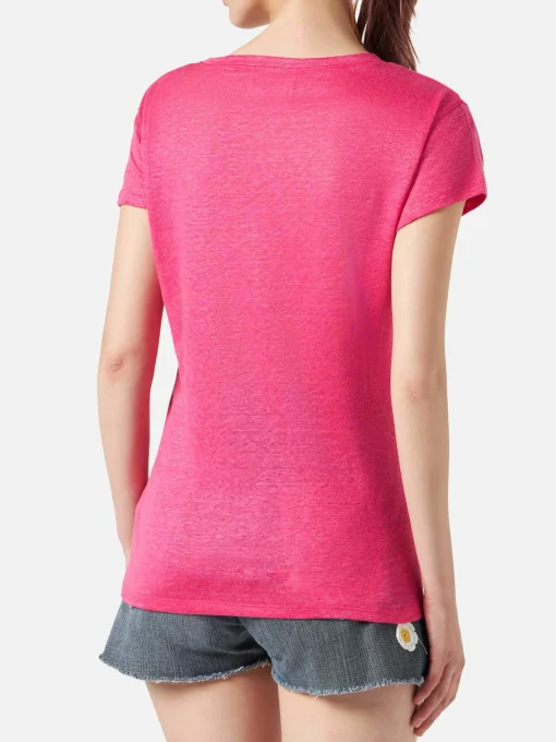 T-shirt da donna in lino fucsia