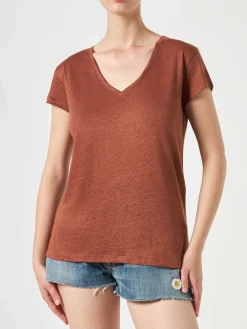 T-shirt da donna in lino marrone