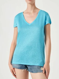 T-shirt da donna in lino turchese