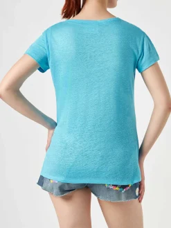 T-shirt da donna in lino turchese