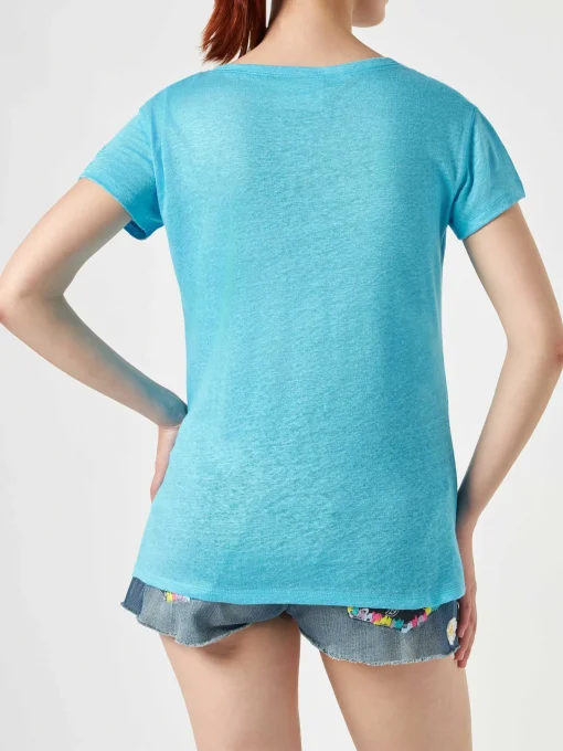 T-shirt da donna in lino turchese