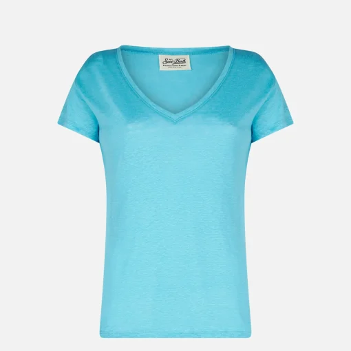 T-shirt da donna in lino turchese
