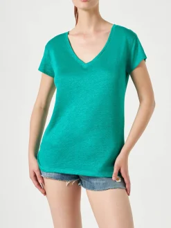 T-shirt da donna in lino verde