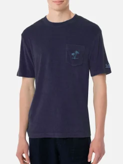 T-shirt da uomo blu navy in spugna con taschino