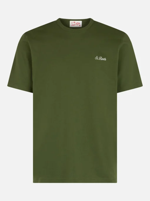 T-shirt da uomo Dover in jersey di cotone verde militare con ricamo St. Barth