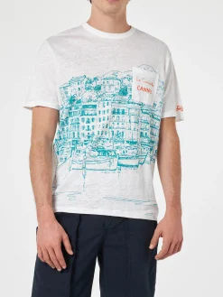 T-shirt da uomo Ecstasea in jersey di lino con stampa piazzata Cannes e taschino ricamato