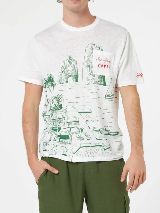 T-shirt da uomo Ecstasea in jersey di lino con stampa Capri piazzata e taschino ricamato