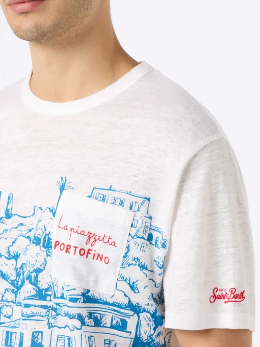 T-shirt da uomo Ecstasea in jersey di lino con stampa piazzata Portofino e taschino ricamato
