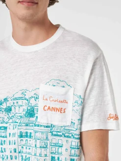 T-shirt da uomo Ecstasea in jersey di lino con stampa piazzata Cannes e taschino ricamato