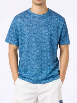 T-shirt da uomo Ecstasea in jersey di lino blu con stampa sashiko