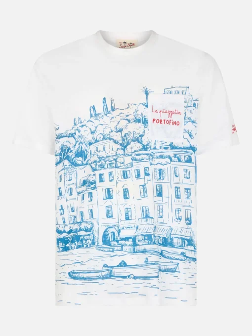 T-shirt da uomo Ecstasea in jersey di lino con stampa piazzata Portofino e taschino ricamato