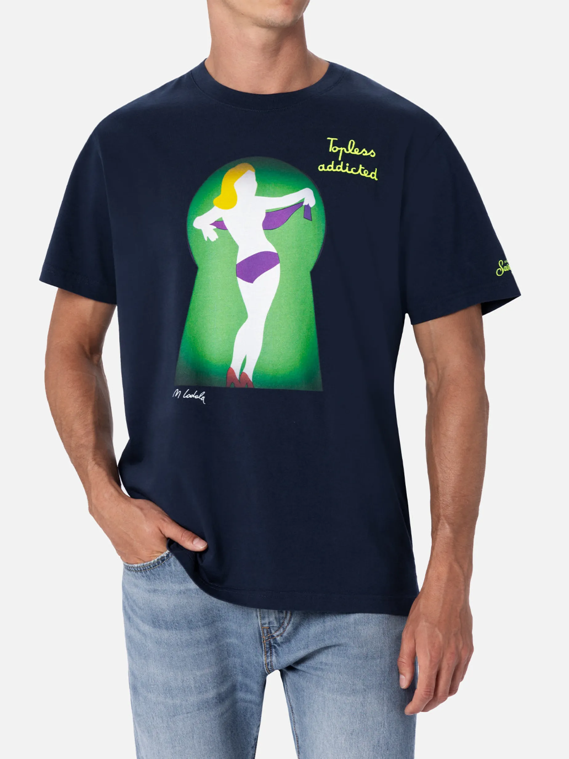 T-shirt da uomo in cotone con stampa piazzata e ricamo Lodola | MARCO LODOLA EDIZIONE SPECIALE