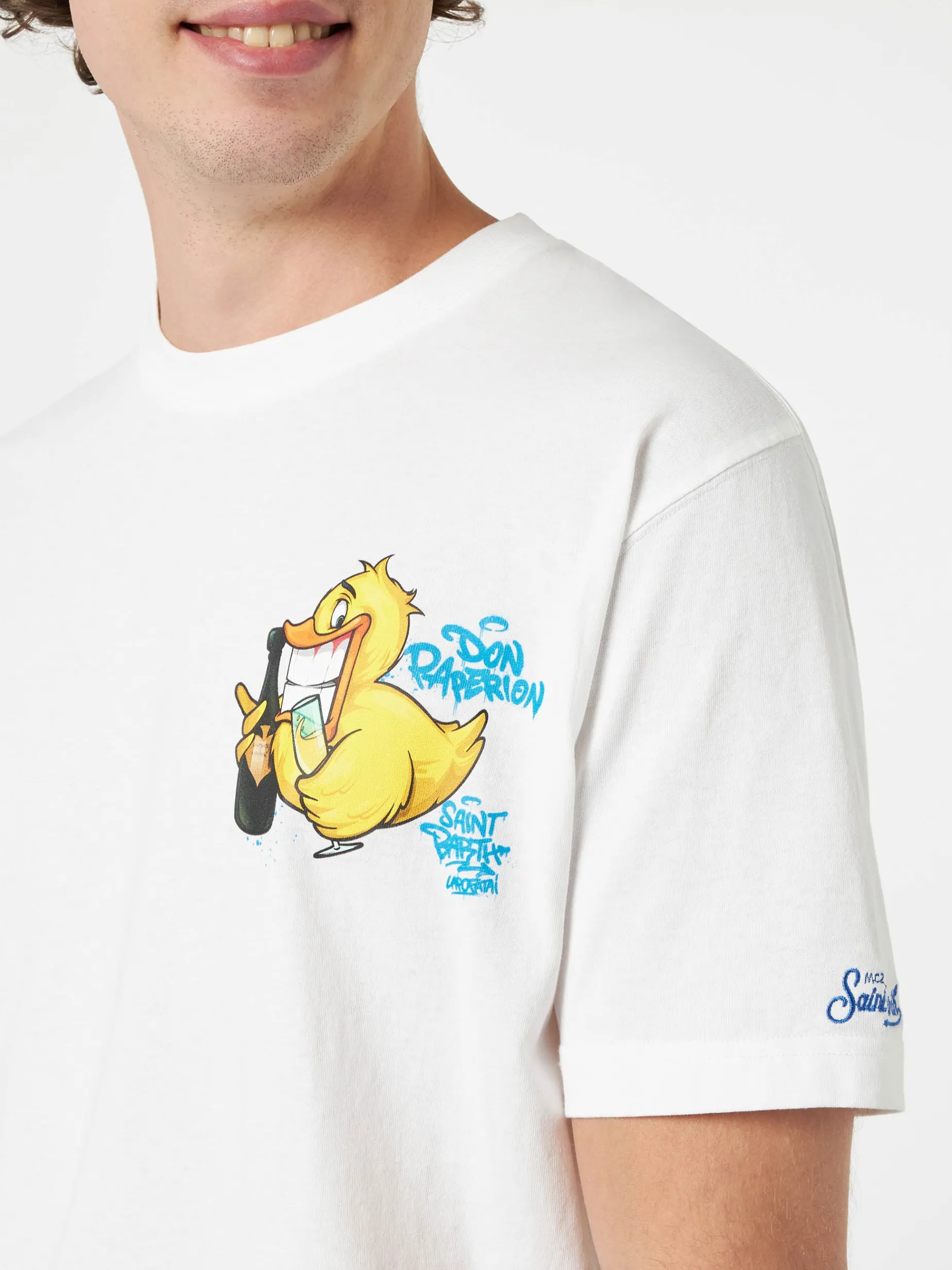 T-shirt da uomo in cotone con stampa piazzata fronte e retro Cryptopuppets Ducky Bollicine | EDIZIONE SPECIALE CRYPTOPUPPETS