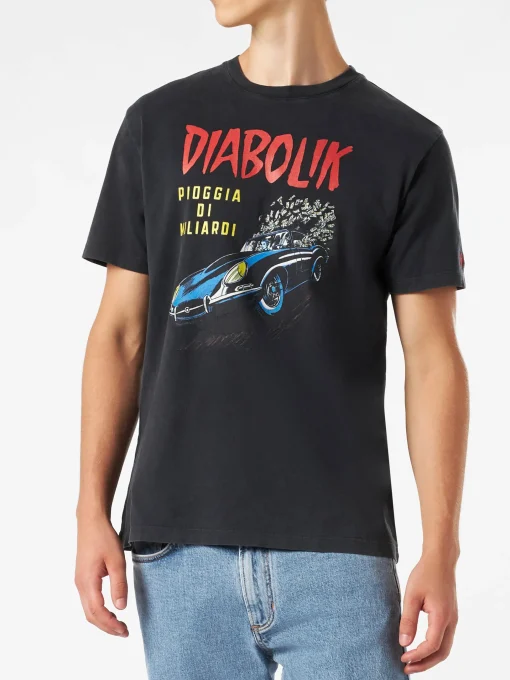 T-shirt da uomo in cotone trattamento vintage con auto Diabolik e soldi stampati | DIABOLIK EDIZIONE SPECIALE