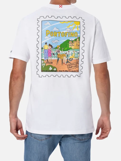 T-shirt da uomo in cotone con stampa cartolina Portofino davanti e dietro | EDIZIONE SPECIALE ALESSANDRO ENRIQUEZ
