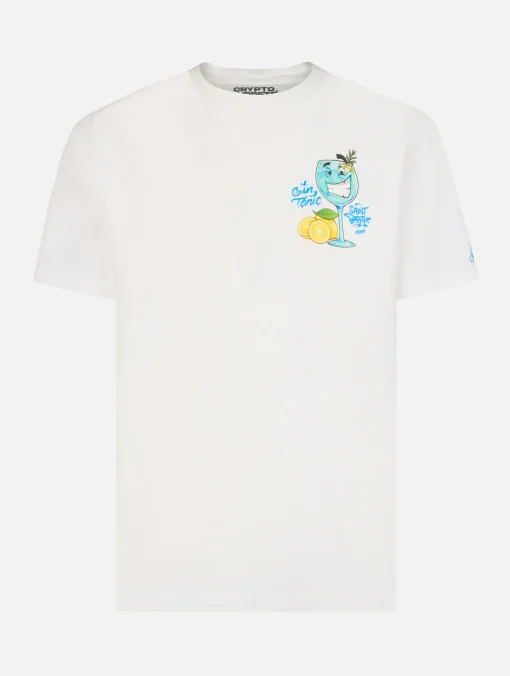 T-shirt da uomo in cotone con stampa piazzata Cryptopuppets Gin Tonic davanti e dietro | EDIZIONE SPECIALE CRYPTOPUPPETS
