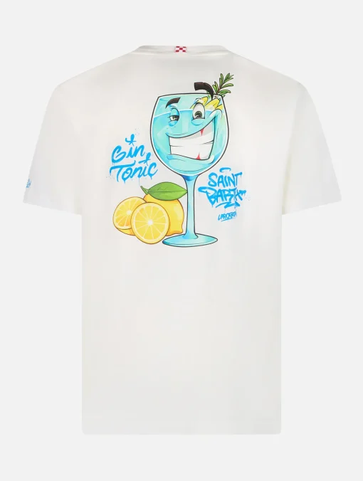 T-shirt da uomo in cotone con stampa piazzata Cryptopuppets Gin Tonic davanti e dietro | EDIZIONE SPECIALE CRYPTOPUPPETS