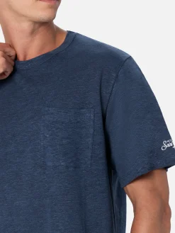 T-shirt da uomo in jersey di lino blu navy Ecstasea con taschino