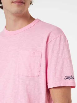 T-shirt da uomo President in cotone fiammato rosa con ricamo