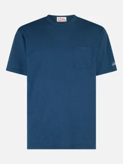 T-shirt da uomo President in cotone fiammato blu con ricamo