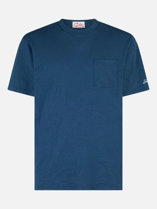 T-shirt da uomo President in cotone fiammato blu con ricamo