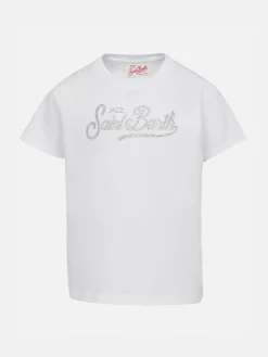 T-shirt girocollo da bambina Elly in jersey di cotone con ricamo di strass Saint Barth