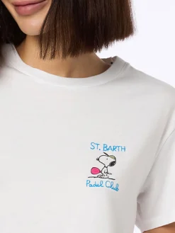 T-shirt girocollo in jersey di cotone rosa da donna Emilie con ricamo Snoopy St. Barth Padel Club | EDIZIONE SPECIALE SNOOPY PEANUTS