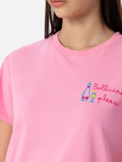 T-shirt girocollo in jersey di cotone rosa da donna Emilie con ricamo Bollicine, please
