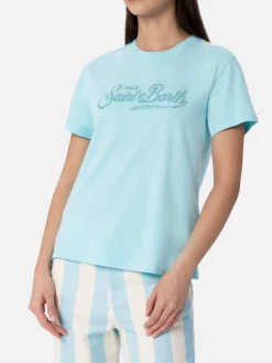 T-shirt girocollo in jersey di cotone verde acqua Emilie con strass da donna