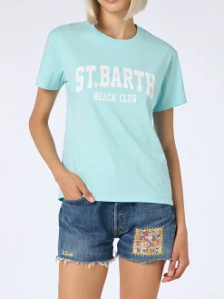 T-shirt girocollo in jersey di cotone da donna Emilie con stampa St. Barth beach club