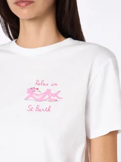 T-shirt girocollo in jersey di cotone bianco da donna Emiilie con ricamo Relax in St. Barth | EDIZIONE SPECIALE PINK PANTHER
