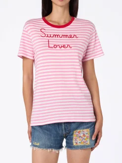 T-shirt girocollo in jersey di cotone a righe da donna Emiilie con ricamo Summer Lover