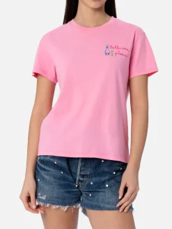 T-shirt girocollo in jersey di cotone rosa da donna Emilie con ricamo Bollicine, please