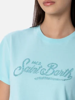 T-shirt girocollo in jersey di cotone verde acqua Emilie con strass da donna