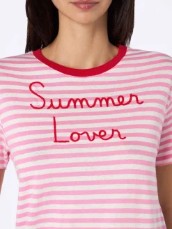 T-shirt girocollo in jersey di cotone a righe da donna Emiilie con ricamo Summer Lover