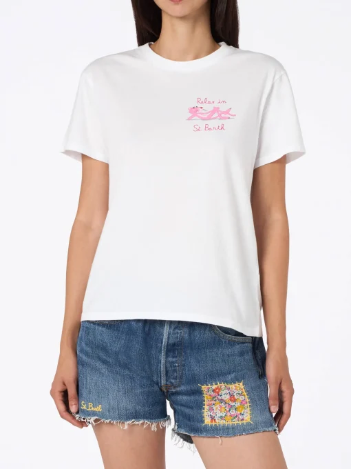 T-shirt girocollo in jersey di cotone bianco da donna Emiilie con ricamo Relax in St. Barth | EDIZIONE SPECIALE PINK PANTHER