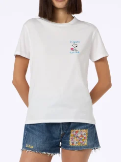 T-shirt girocollo in jersey di cotone rosa da donna Emilie con ricamo Snoopy St. Barth Padel Club | EDIZIONE SPECIALE SNOOPY PEANUTS