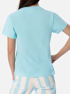 T-shirt girocollo in jersey di cotone verde acqua Emilie con strass da donna